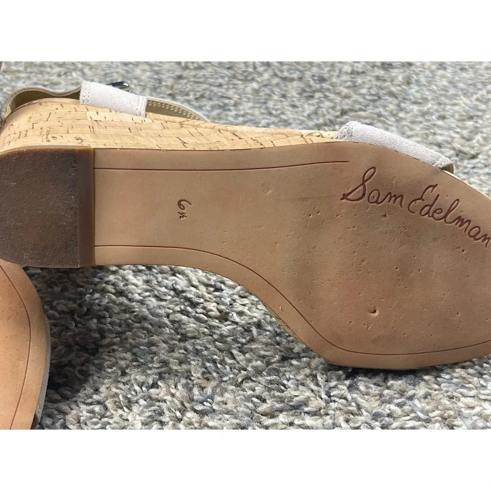 Sam Edelman Women Light Gray Suede Cork Wedge Sandals Size 6.5 Ankle Strap Shoes